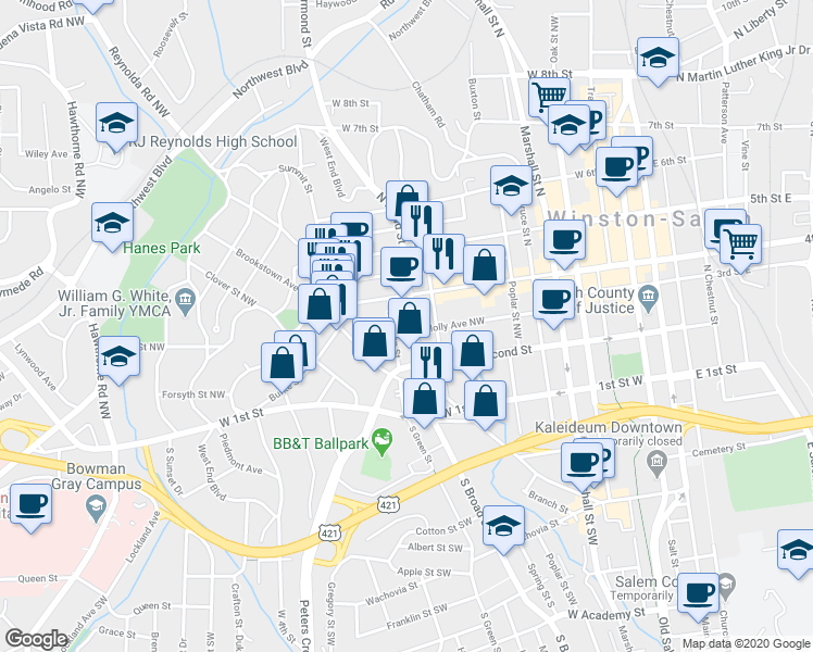 map of restaurants, bars, coffee shops, grocery stores, and more near 220 North Green Street in Winston-Salem