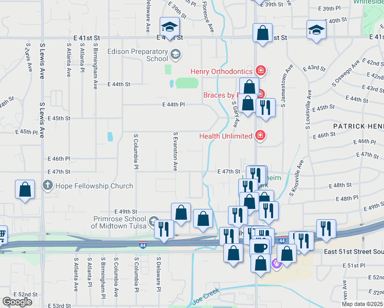 map of restaurants, bars, coffee shops, grocery stores, and more near 4633 South Evanston Avenue in Tulsa