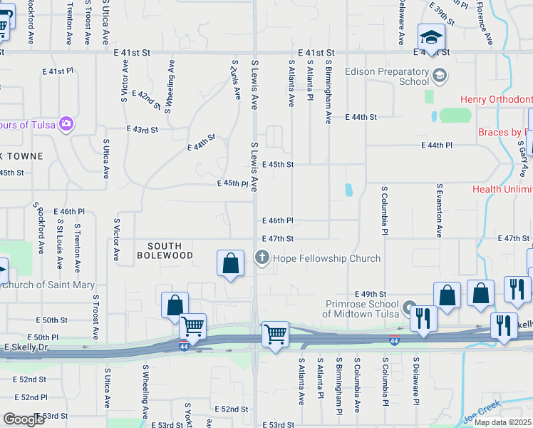 map of restaurants, bars, coffee shops, grocery stores, and more near in Tulsa