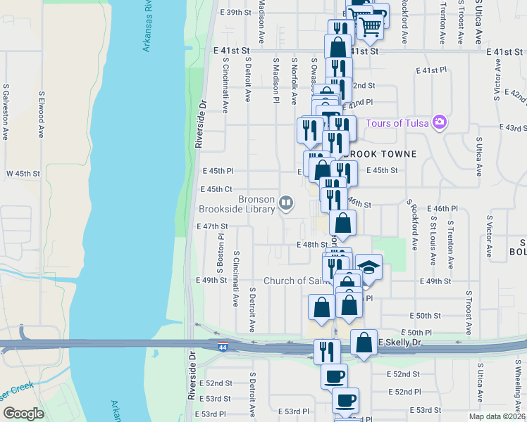 map of restaurants, bars, coffee shops, grocery stores, and more near 4633 South Detroit Avenue in Tulsa