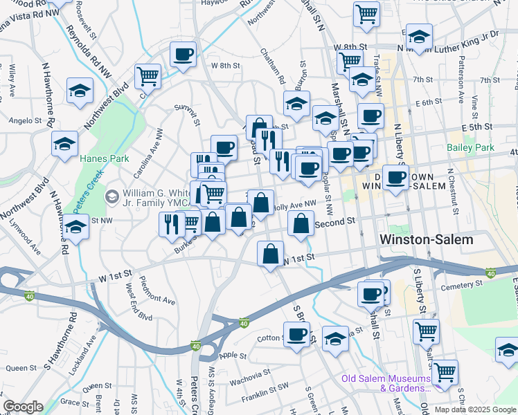 map of restaurants, bars, coffee shops, grocery stores, and more near 807 Holly Avenue Northwest in Winston-Salem