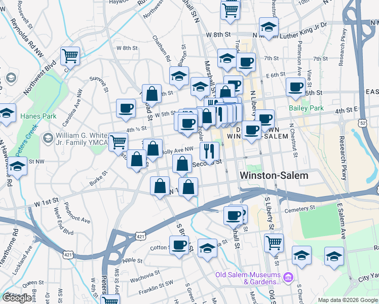 map of restaurants, bars, coffee shops, grocery stores, and more near 600 Holly Avenue Northwest in Winston-Salem