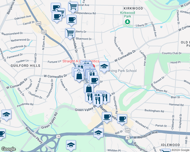 map of restaurants, bars, coffee shops, grocery stores, and more near 7 Branch Court in Greensboro