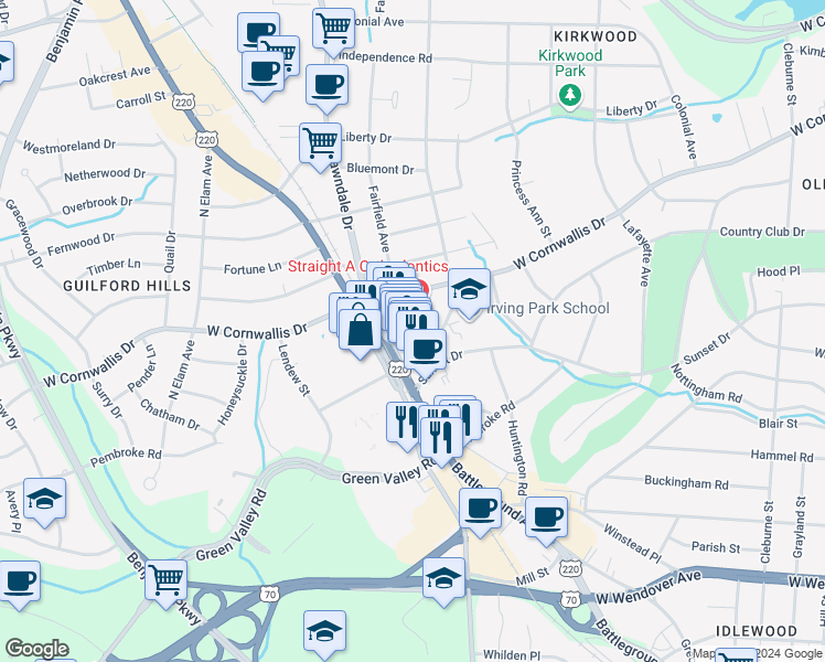 map of restaurants, bars, coffee shops, grocery stores, and more near 8 Branch Court in Greensboro