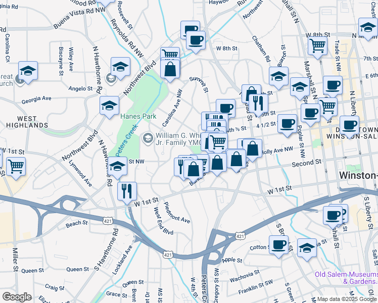 map of restaurants, bars, coffee shops, grocery stores, and more near 1013 Glade Street Northwest in Winston-Salem