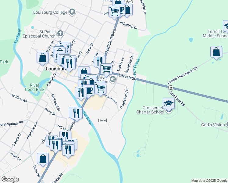 map of restaurants, bars, coffee shops, grocery stores, and more near Redwood Lane in Louisburg