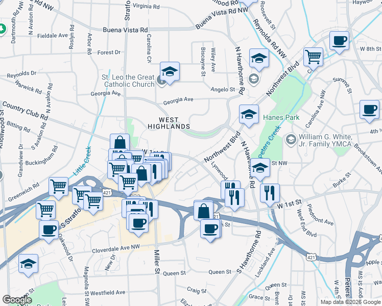 map of restaurants, bars, coffee shops, grocery stores, and more near 1823 West 1st Street in Winston-Salem