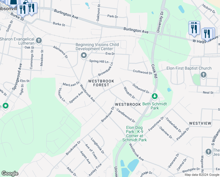 map of restaurants, bars, coffee shops, grocery stores, and more near 464 Driftwood Drive in Gibsonville