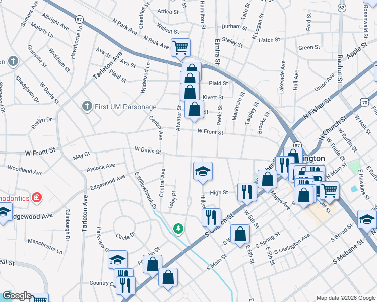 map of restaurants, bars, coffee shops, grocery stores, and more near 804 West Davis Street in Burlington