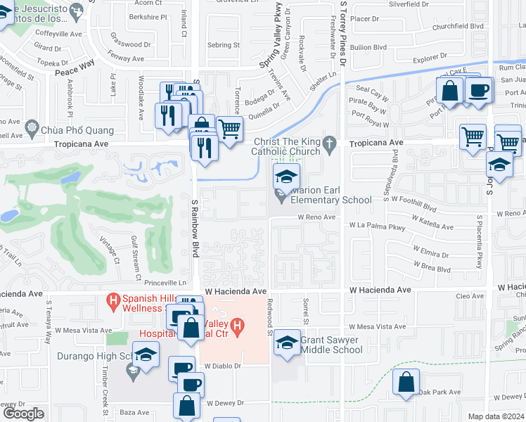 map of restaurants, bars, coffee shops, grocery stores, and more near 5046 South Rainbow Boulevard in Las Vegas