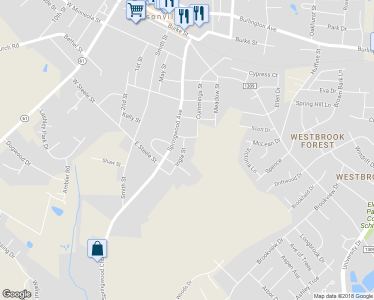 map of restaurants, bars, coffee shops, grocery stores, and more near 811 Ingle Street in Gibsonville