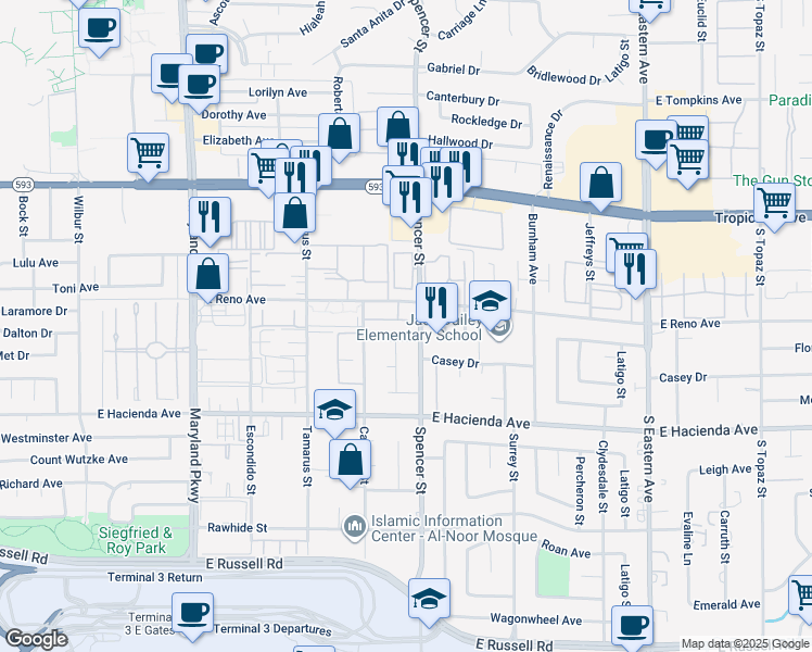 map of restaurants, bars, coffee shops, grocery stores, and more near 1751 East Reno Avenue in Las Vegas