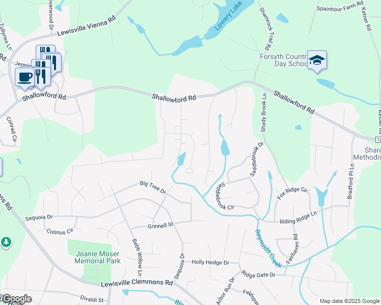 map of restaurants, bars, coffee shops, grocery stores, and more near 5750 Woodside Forest Trail in Lewisville