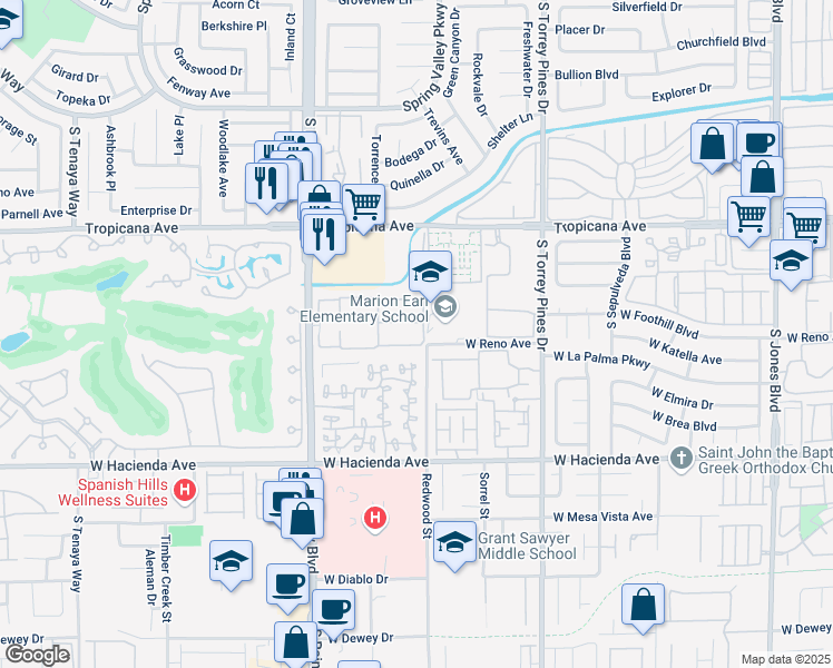 map of restaurants, bars, coffee shops, grocery stores, and more near 5050 South Rainbow Boulevard in Las Vegas