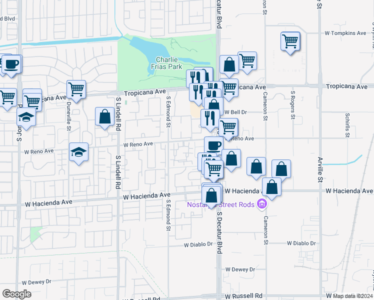 map of restaurants, bars, coffee shops, grocery stores, and more near 5125 West Reno Avenue in Las Vegas