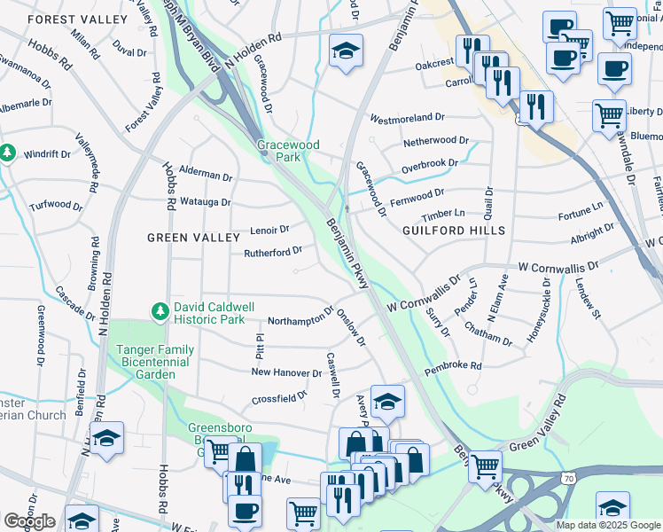 map of restaurants, bars, coffee shops, grocery stores, and more near 1209 Alderman Drive in Greensboro