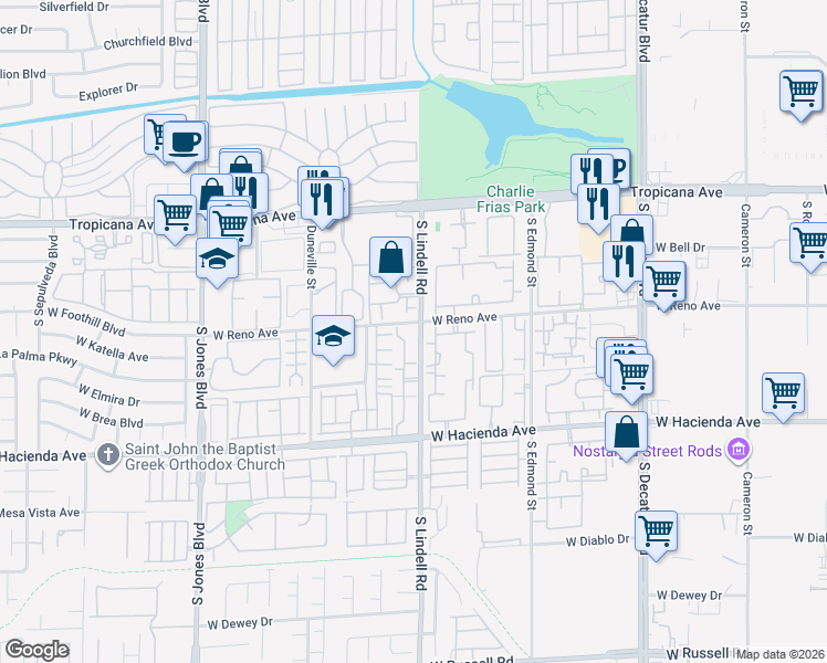 map of restaurants, bars, coffee shops, grocery stores, and more near 5138 South Lindell Road in Las Vegas