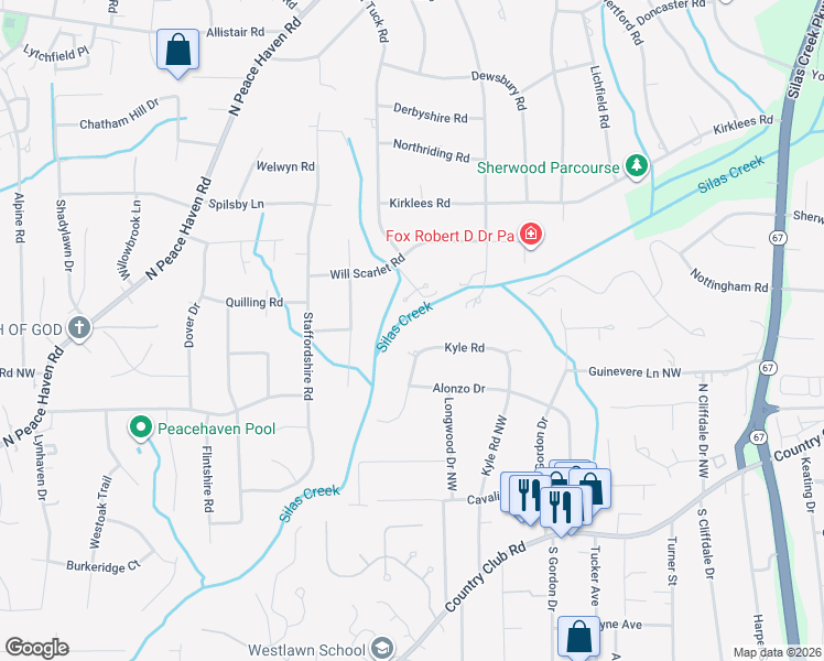 map of restaurants, bars, coffee shops, grocery stores, and more near 423 Kyle Road in Winston-Salem
