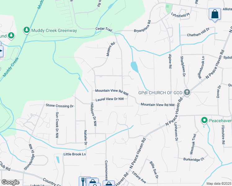 map of restaurants, bars, coffee shops, grocery stores, and more near 5208 Mountain View Road in Winston-Salem