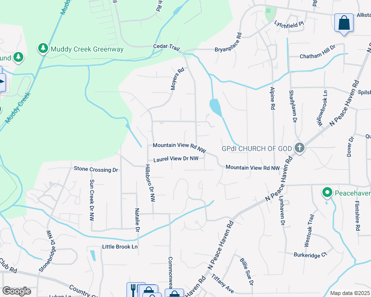 map of restaurants, bars, coffee shops, grocery stores, and more near 5208 Mountain View Road in Winston-Salem