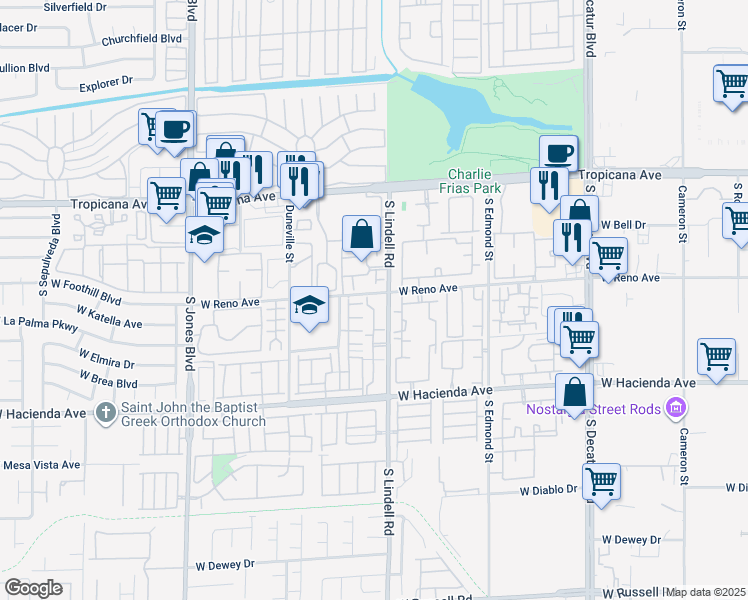 map of restaurants, bars, coffee shops, grocery stores, and more near 5138 South Lindell Road in Las Vegas