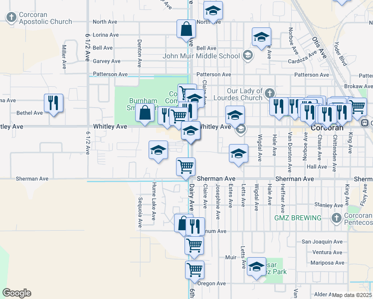 map of restaurants, bars, coffee shops, grocery stores, and more near 1128 Dairy Avenue in Corcoran