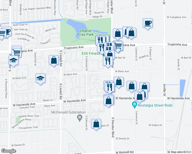 map of restaurants, bars, coffee shops, grocery stores, and more near 5125 West Reno Avenue in Las Vegas