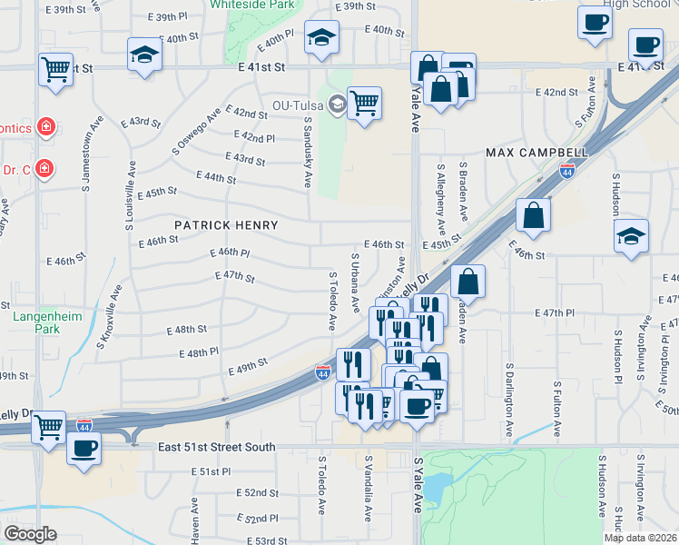 map of restaurants, bars, coffee shops, grocery stores, and more near 4629 South Toledo Avenue in Tulsa