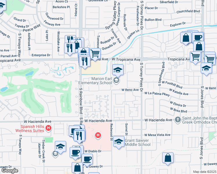 map of restaurants, bars, coffee shops, grocery stores, and more near 5046 South Rainbow Boulevard in Las Vegas
