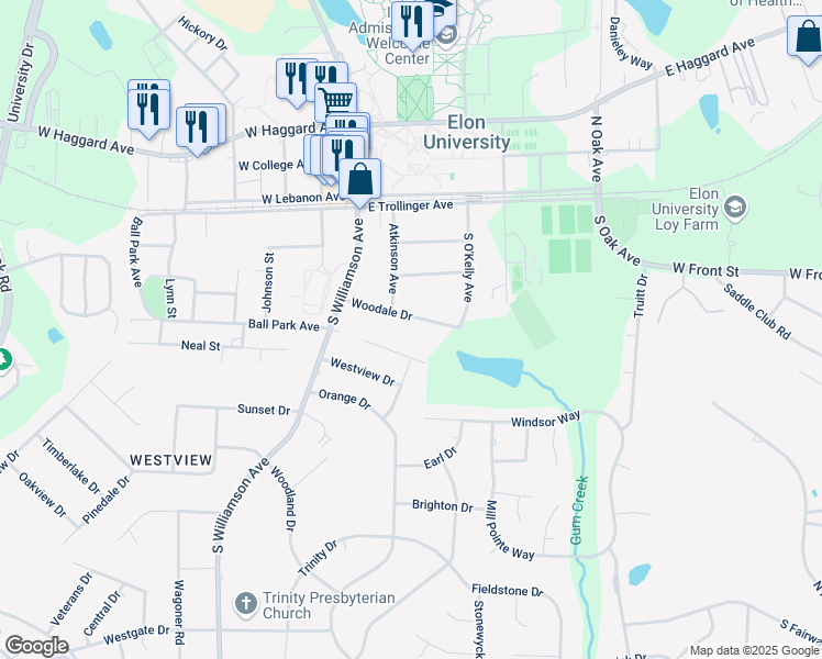 map of restaurants, bars, coffee shops, grocery stores, and more near 208 Woodale Drive in Elon