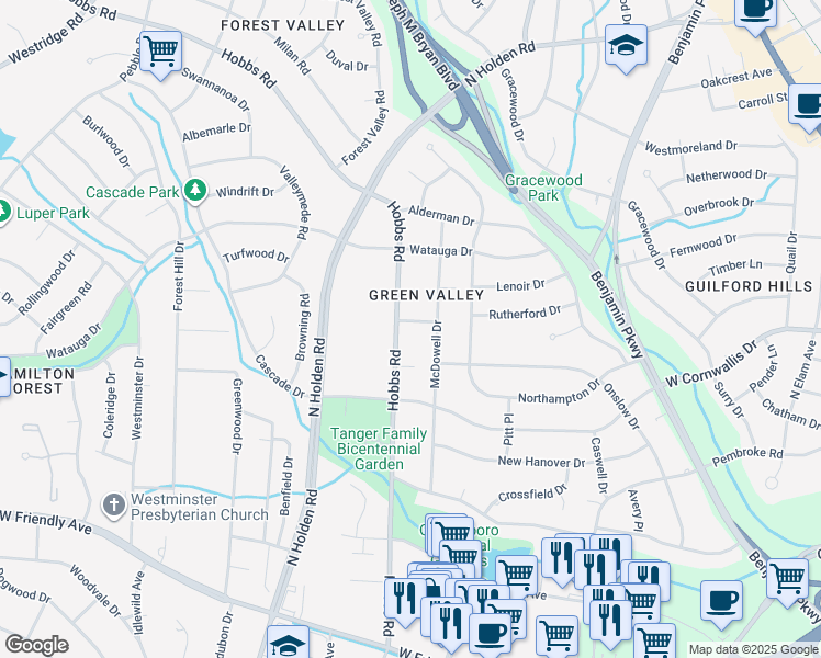 map of restaurants, bars, coffee shops, grocery stores, and more near 1212 Hobbs Road in Greensboro