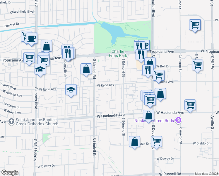 map of restaurants, bars, coffee shops, grocery stores, and more near 5157 Briar Meadow Way in Las Vegas
