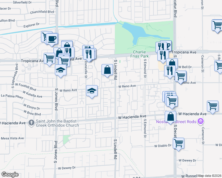 map of restaurants, bars, coffee shops, grocery stores, and more near 5138 South Lindell Road in Las Vegas