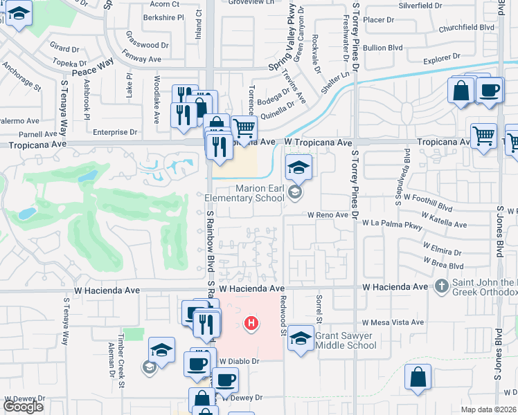 map of restaurants, bars, coffee shops, grocery stores, and more near 5066 South Rainbow Boulevard in Las Vegas
