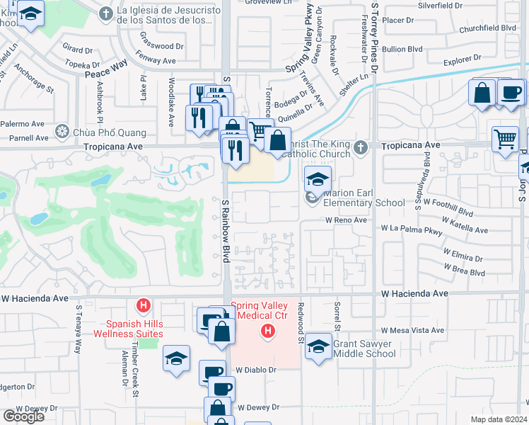 map of restaurants, bars, coffee shops, grocery stores, and more near 5066 South Rainbow Boulevard in Las Vegas