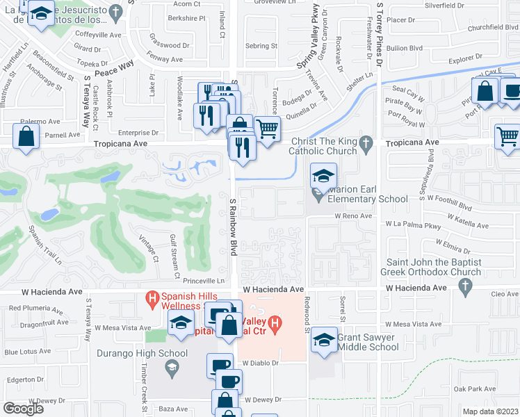 map of restaurants, bars, coffee shops, grocery stores, and more near 5072 South Rainbow Boulevard in Las Vegas