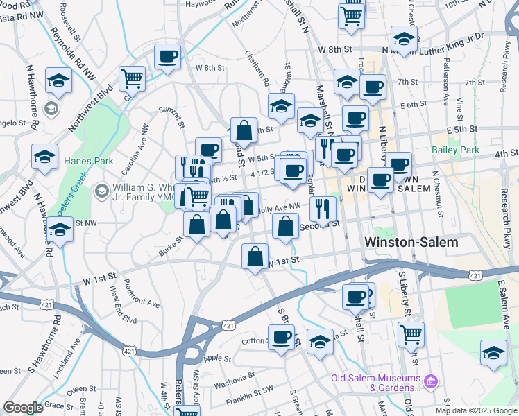 map of restaurants, bars, coffee shops, grocery stores, and more near 215 Broad Street South in Winston-Salem
