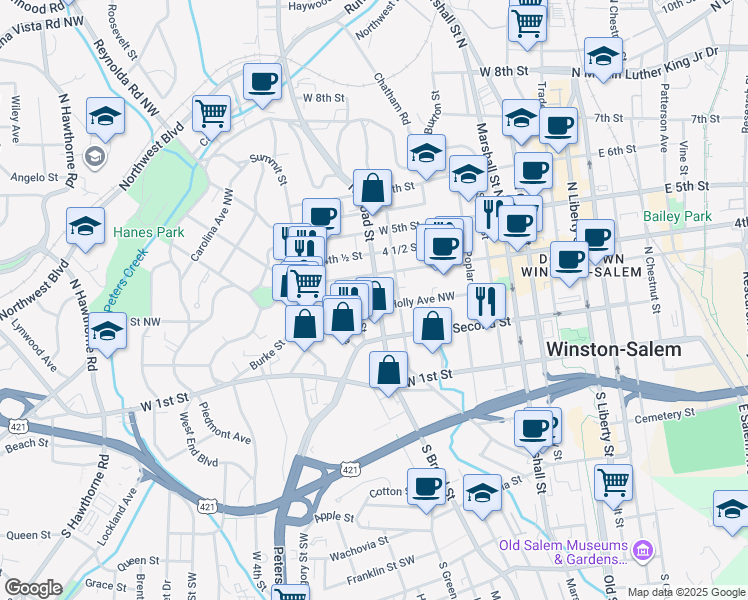 map of restaurants, bars, coffee shops, grocery stores, and more near 215 Broad Street South in Winston-Salem