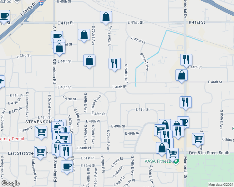 map of restaurants, bars, coffee shops, grocery stores, and more near 4620 South 72nd East Place in Tulsa