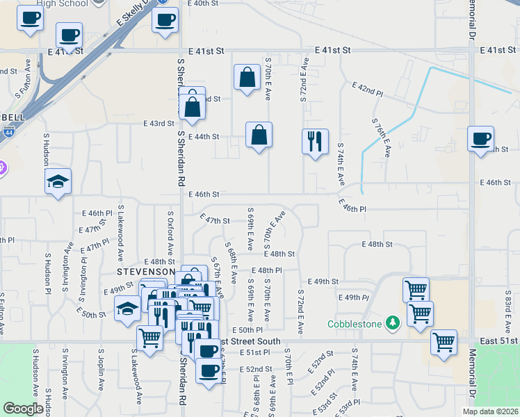 map of restaurants, bars, coffee shops, grocery stores, and more near 4712 South 70th East Avenue in Tulsa