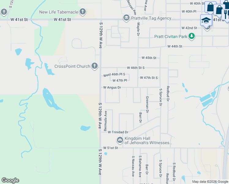 map of restaurants, bars, coffee shops, grocery stores, and more near 4821 Bermuda Circle in Sand Springs