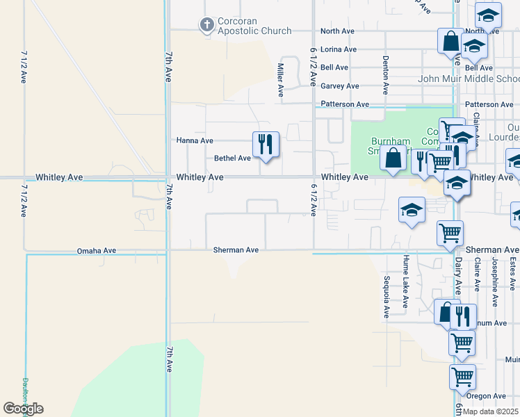 map of restaurants, bars, coffee shops, grocery stores, and more near in Corcoran
