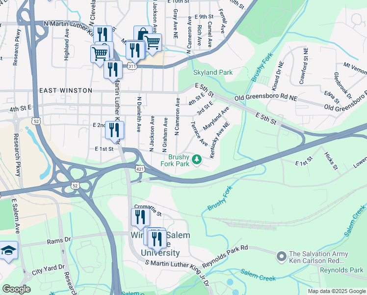 map of restaurants, bars, coffee shops, grocery stores, and more near 1810 Kentucky Avenue Northeast in Winston-Salem