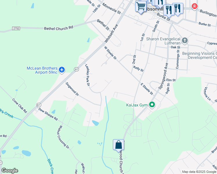 map of restaurants, bars, coffee shops, grocery stores, and more near 1005 Lashley Park Drive in Gibsonville