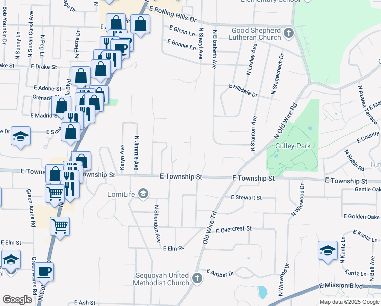 map of restaurants, bars, coffee shops, grocery stores, and more near 2485 Wilderness Lane in Fayetteville