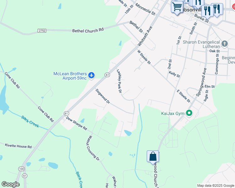 map of restaurants, bars, coffee shops, grocery stores, and more near 1312 Dogwood Drive in Gibsonville