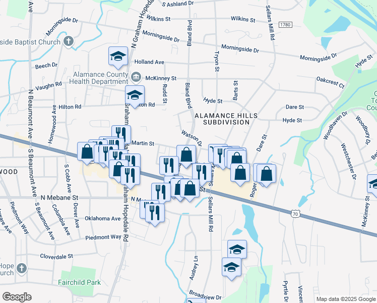 map of restaurants, bars, coffee shops, grocery stores, and more near 201 Bland Boulevard in Burlington