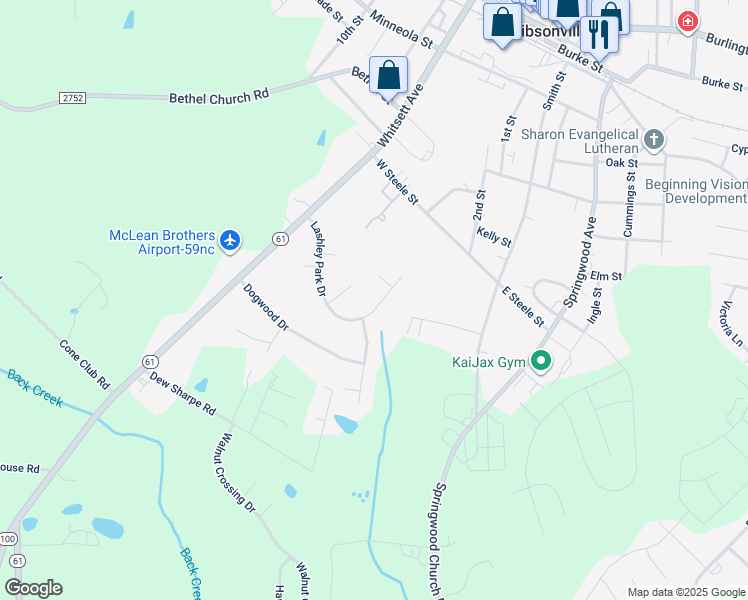 map of restaurants, bars, coffee shops, grocery stores, and more near 1004 Lashley Park Drive in Gibsonville