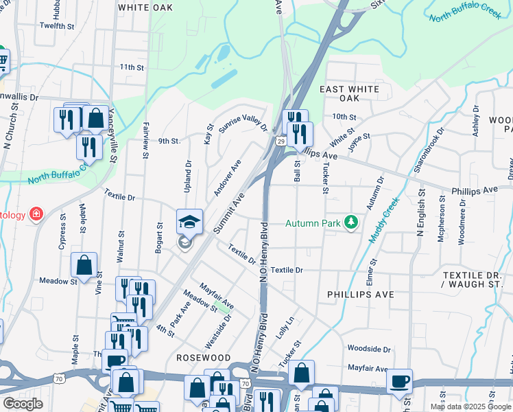 map of restaurants, bars, coffee shops, grocery stores, and more near 1607 North O.Henry Boulevard in Greensboro