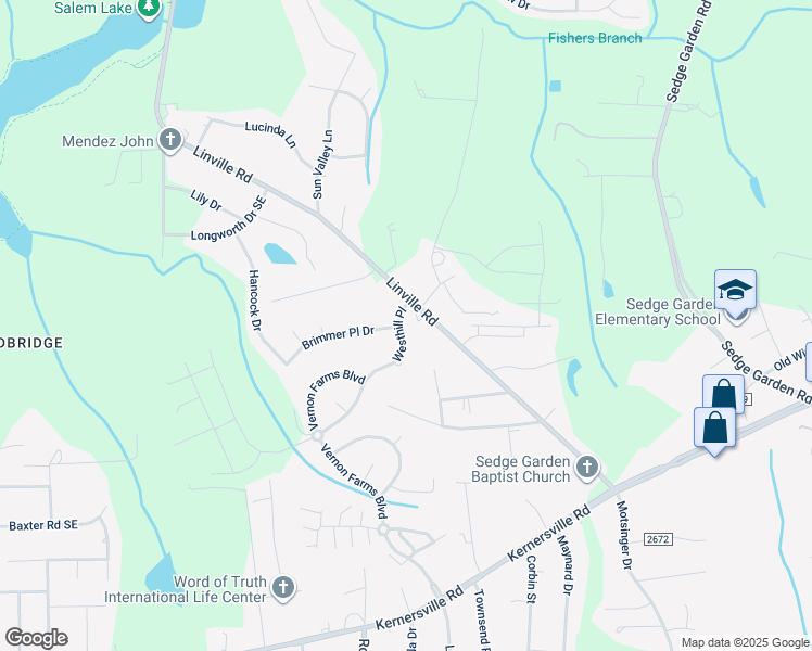 map of restaurants, bars, coffee shops, grocery stores, and more near 4556 Westhill Place in Kernersville